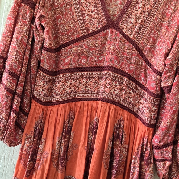 FREE PEOPLE Luna Boho Gypsy India Print V Neck Peasant Dress Orange Red Small - Picture 6 of 13